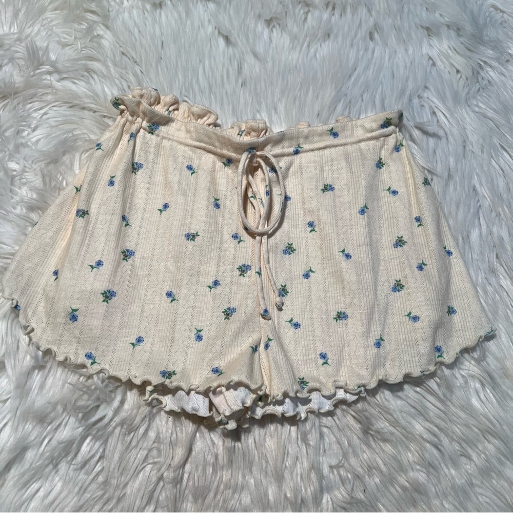 For Love & Lemons Women's Size Medium Pointelle Shorts Butter Yellow Blue Floral - Picture 3 of 10